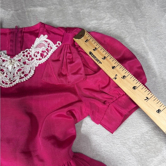 Vintage Jessica McClintock Girls Fuchsia Pink Puff Sleeve Lace Beaded Dress 6X - Picture 11 of 15
